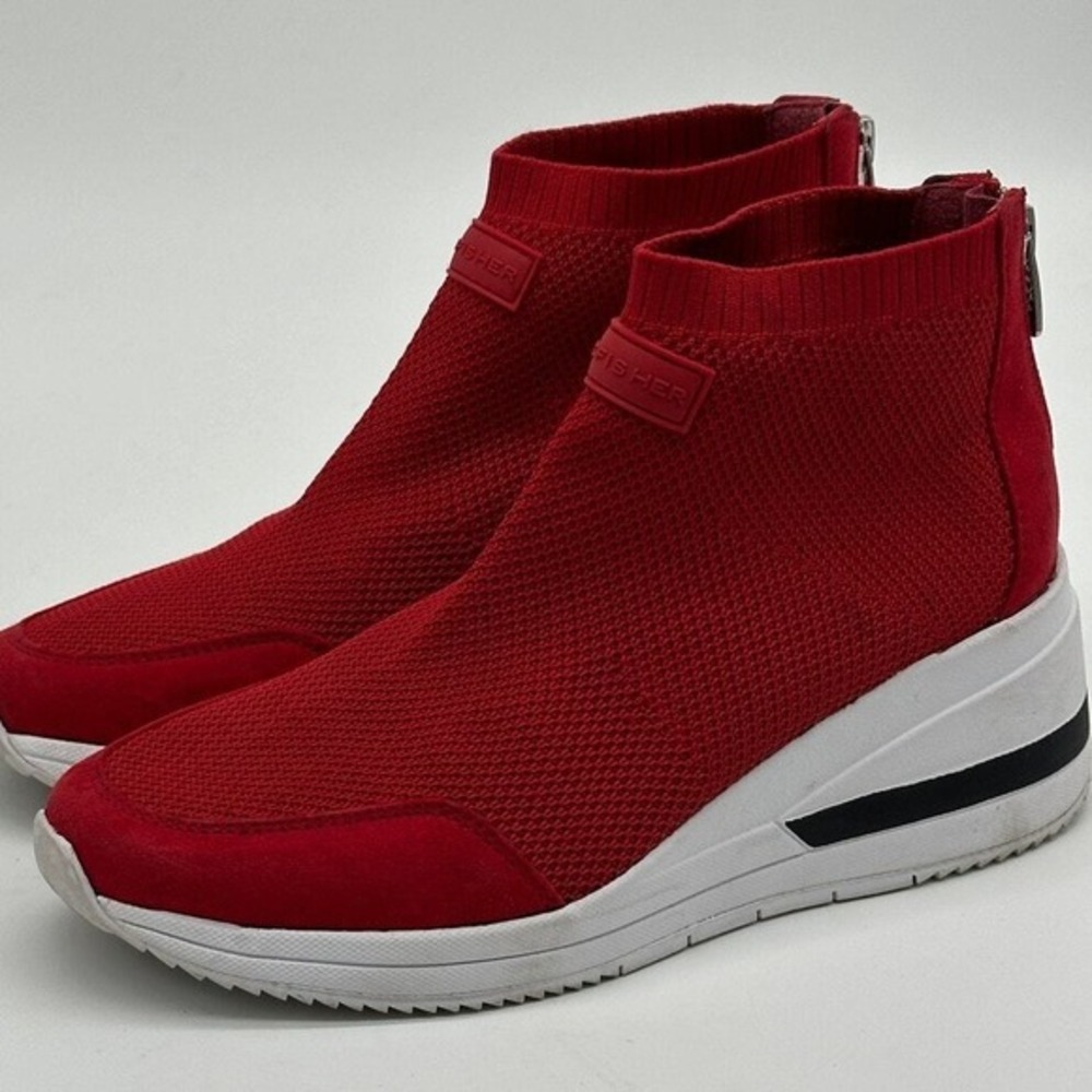 Marc Fisher Shoes Womens 6.5M MF Muscling Red Athletic Wedge Sneakers Slip On